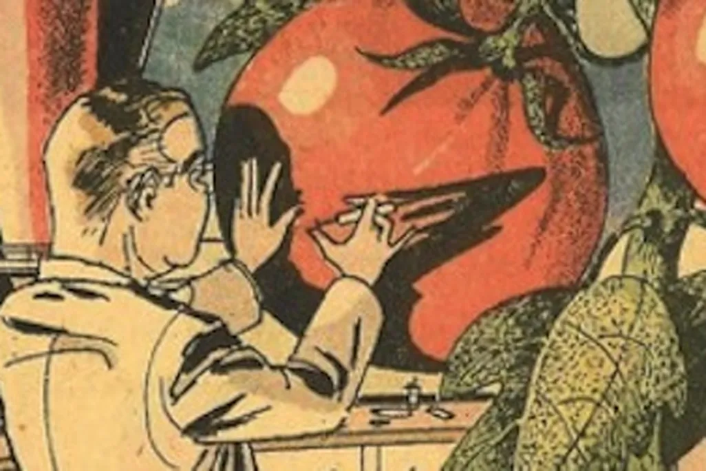 Laboratory technician injects tomatoes on the "factory farm" of the future (1961)