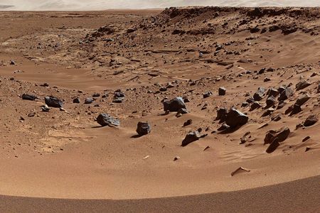 The Mast Camera on NASA’s Mars rover Curiosity captures the ruggedness of the Martian surface in this February 2014 shot of Dingo Gap in Gale Crater. Astronauts would find a barren world with average temperatures of -67 degree Fahrenheit and dust storms that last for months.