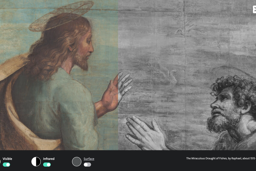 Jesus, with a halo and wearing a sea-green vestment, raises his hand and looks down at Simon, who has his hands clasped and looks up at Jesus 