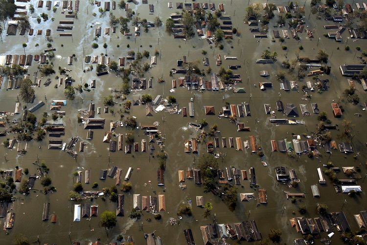Water surrounds homes in New Orleans, Louisiana, after the devastation of Hurricane Katrina