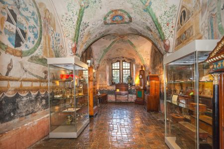 Frescoes inside the Brömserhof, the building where Siegfried's Mechanical Musical Instrument Museum is housed.