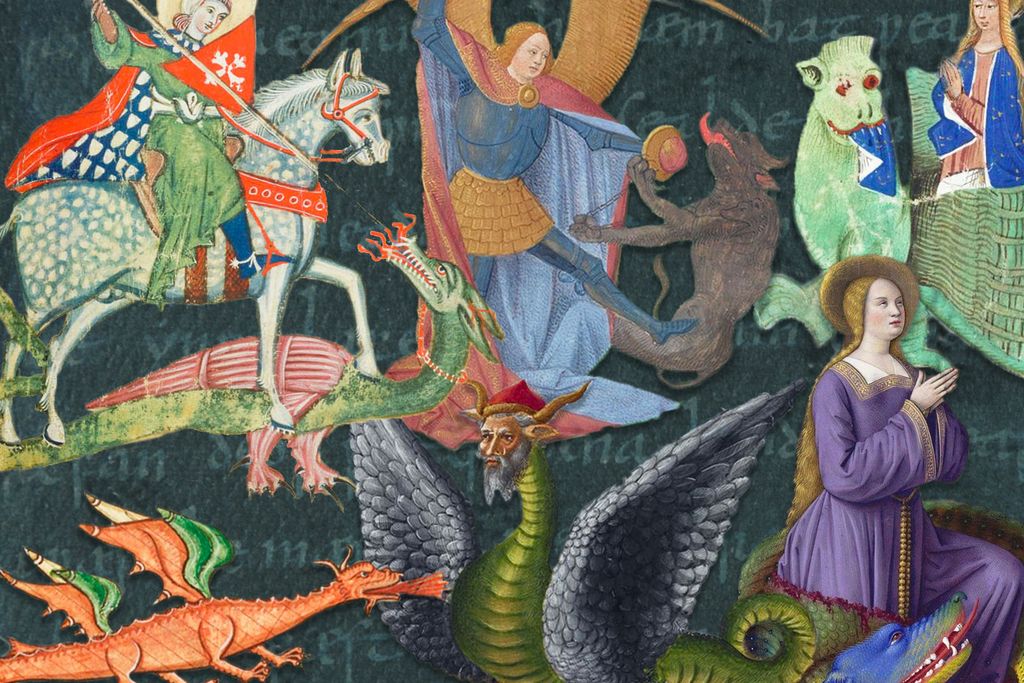 Illustration of medieval dragons and saints