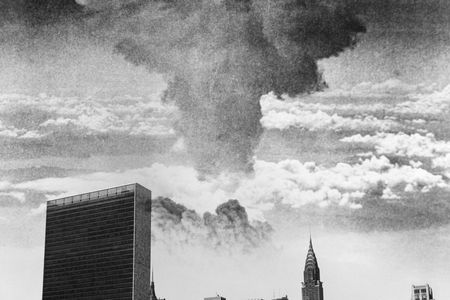 A historical altered photo showing a mushroom cloud over the United Nations and New York City waterfront
