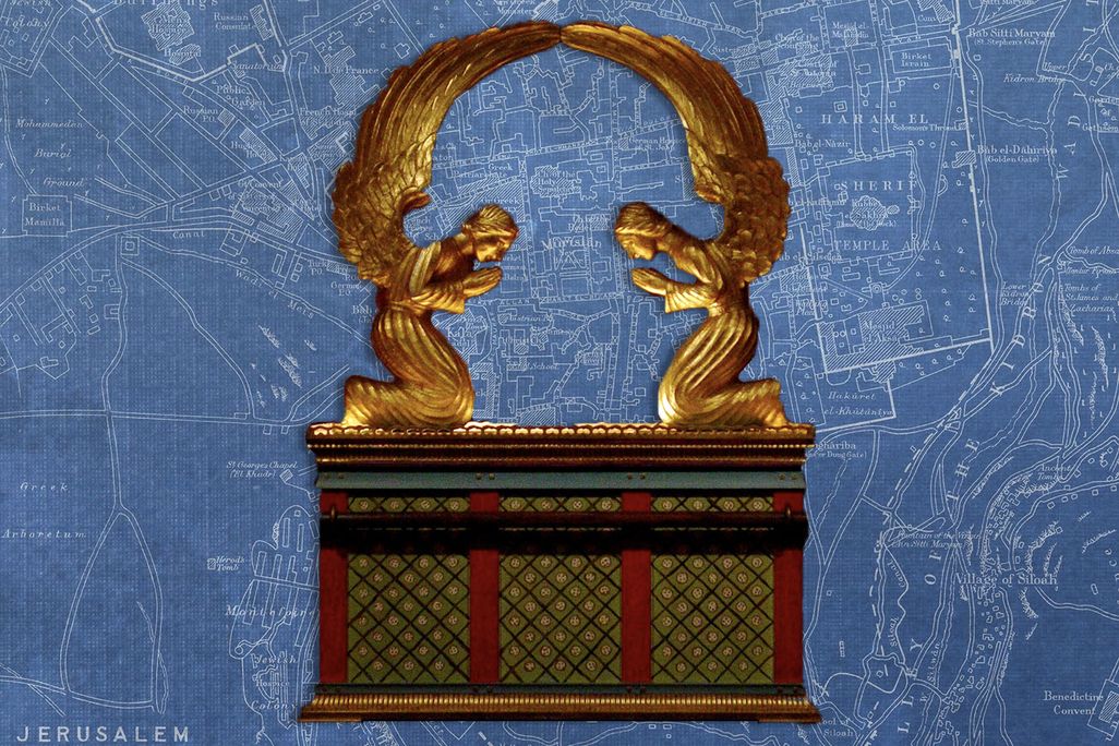 Photo illustration of replica Ark of the Covenant over early 20th-century map of Jerusalem