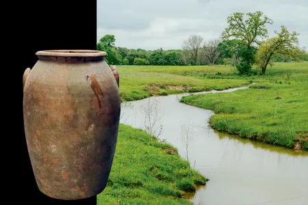 A jar made by H. Wilson &amp; Company in Capote, Texas. Right, the muddy banks of Salt Creek, a tributary of the Guadalupe River about 50 miles northeast of San Antonio, where Wilson&rsquo;s pottery company sourced its fine red clay.&nbsp;