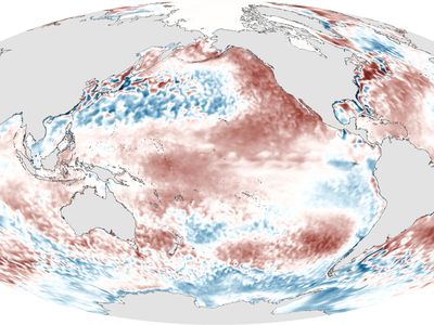 A large band of warmer than average sea surface temperatures, an indicator of El Niño, stretches across the Pacific
