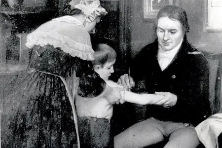 An artistic rendering of Edward Jenner vaccinating eight-year-old James Phipps in 1796.