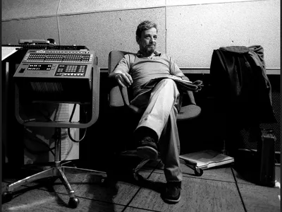Stephen Sondheim sitting in a&nbsp;recording control room in 1987