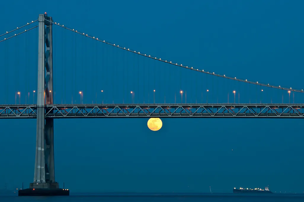 A Supermoon in 2009 rises below the San Francisco Bay Bridge.