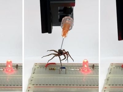 A spider gripper is used to lift a jumper and break a circuit on an electronic breadboard, turning off an LED.&nbsp;