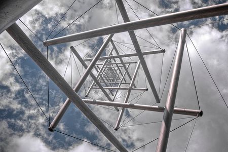 Kenneth Snelson's "Needle Tower" sculpture at the Hirshhorn Museum and Sculpture Garden in Washington, D.C. is an example of a tensegrity structure.
