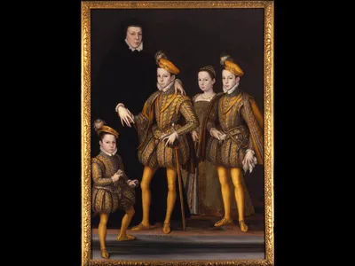 This 1561 portrait depicts Catherine de&#39; Medici standing alongside four of her children, including the newly crowned Charles IX.