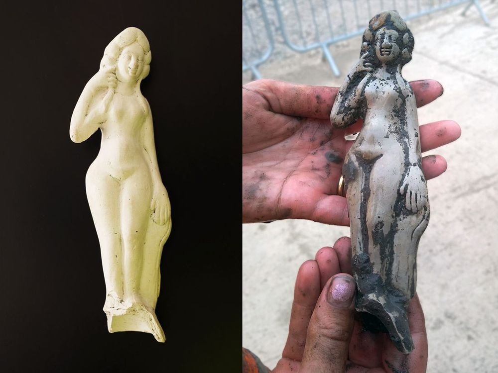 The white pipeclay Venus statuette before (right) and after (left) cleaning