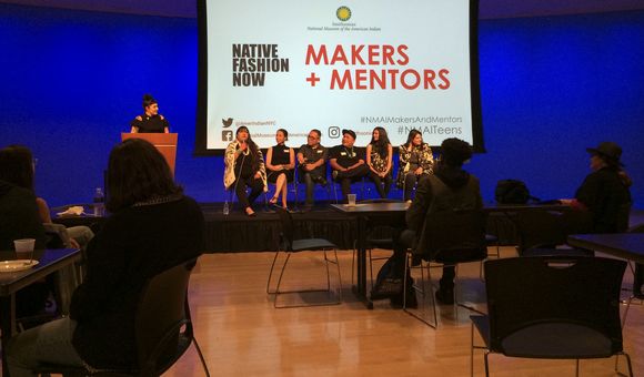 Native artists sharing experiences and their thoughts on design and inspiration. From left: Fashion and textile historian Regan Loggans, fashion designer Patricia Michaels, fashion designer Niio Perkins, fashion designer and multimedia artist Loren Aragon, artist and apparel designer Jared Yazzie, fashion model Jade Willoughby, and editorial hair stylist Amy Farid.