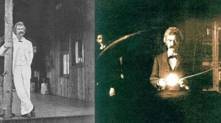 Mark Twain. Left: Photographed by Life Magazine. Left, in Tesla’s Lab, photographed by Wutz