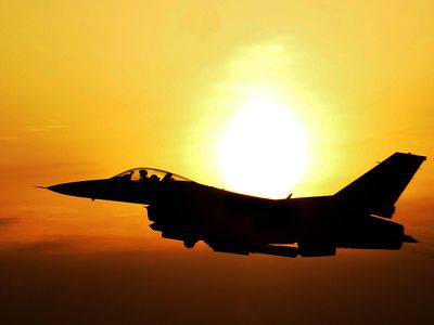 Into the sunset? An F-16 Fighting Falcon flies over South Korea during an operational readiness exercise in 2012. 