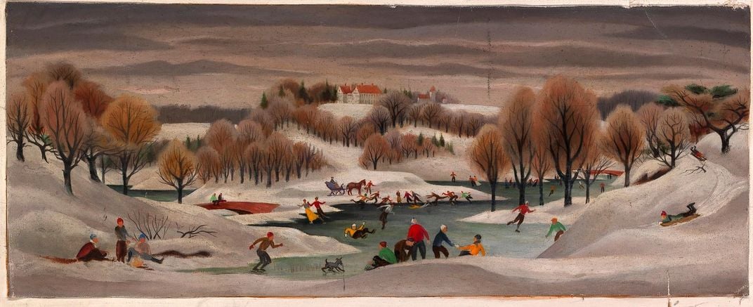 A mural depicting numerous people skating on a frozen lake, sledding, rolling oranges and relaxing with the large white house peeking out in the far distance, over rolling hills