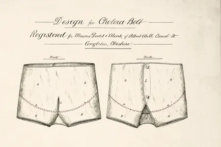 Cholera Belt, Dodd & Monk, Albert Mill, Canal Street, Congleton, Cheshire, 1882. With little understood about the disease, there were many bogus treatments and preventative measures against cholera. "The cholera belt seems like the most unlikely protection," writes Halls. "However, it was believed that a chilled body could cause disease, and that keeping the stomach and abdomen warm could protect against bowel complaints."