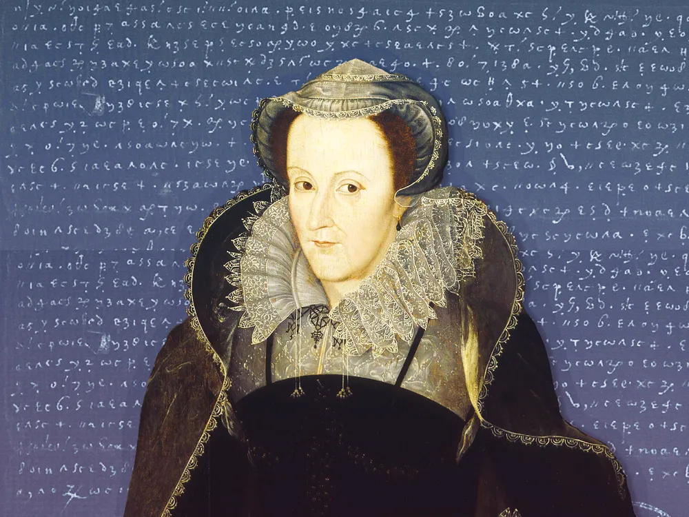 A portrait of Mary, Queen of Scots, overlaid on one of her coded letters