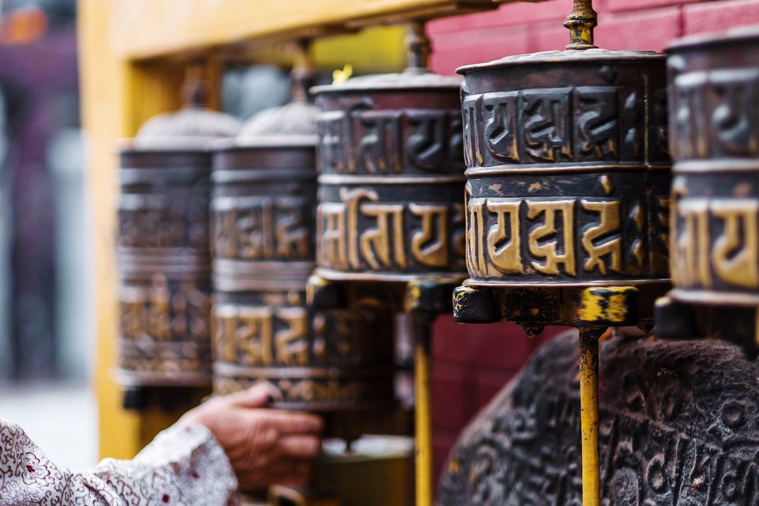 Prayer wheels at Boudhanath Stupa, Kathmandu, Nepal 