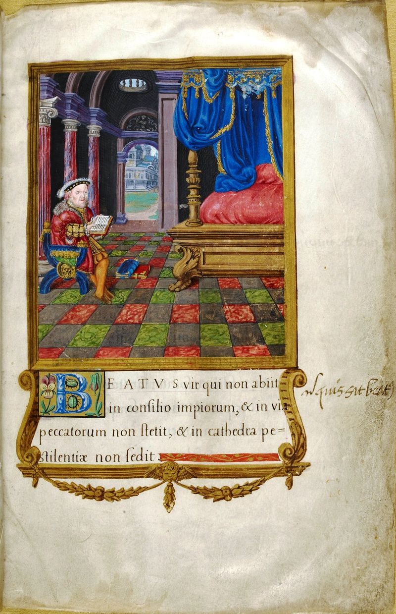 Illustration of Henry VIII reading, as seen in the Tudor king's personal Book of Psalms