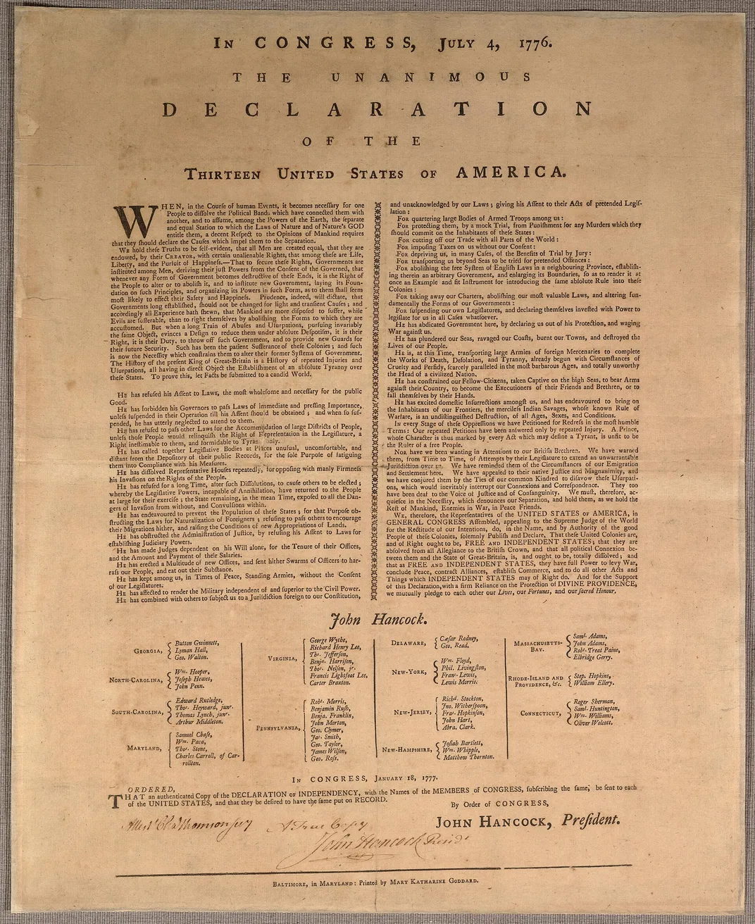 A Goddard broadside of the Declaration, with Mary Katharine Goddard's full name printed at the bottom of the page