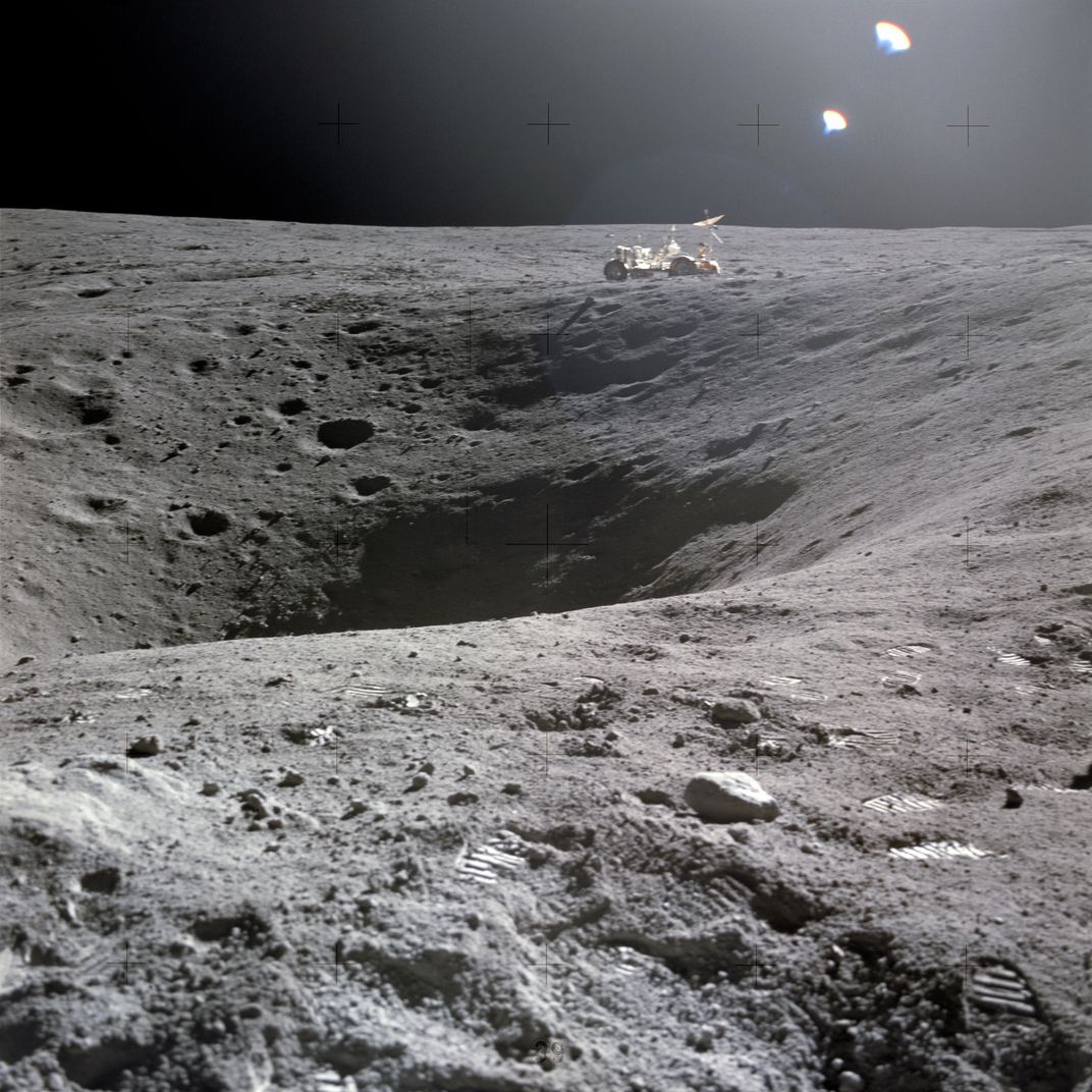 A view of Plum Crater, which was visited by the two moon-exploring crewmen of the Apollo 16 lunar landing mission, on their first extravehicular activity (EVA) traverse, April 21, 1972.