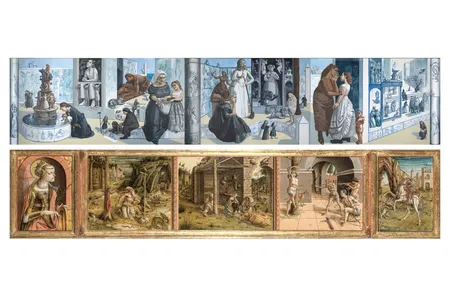 Paula Rego drew inspiration for her triptych Crivelli&rsquo;s Garden (top) from a 1490s altarpiece, La Madonna della Rondine (above), by Carlo Crivelli. She said of her fanciful, figure-packed work: &ldquo;The whole thing is full of stories, it&rsquo;s just story after story after story.&rdquo;