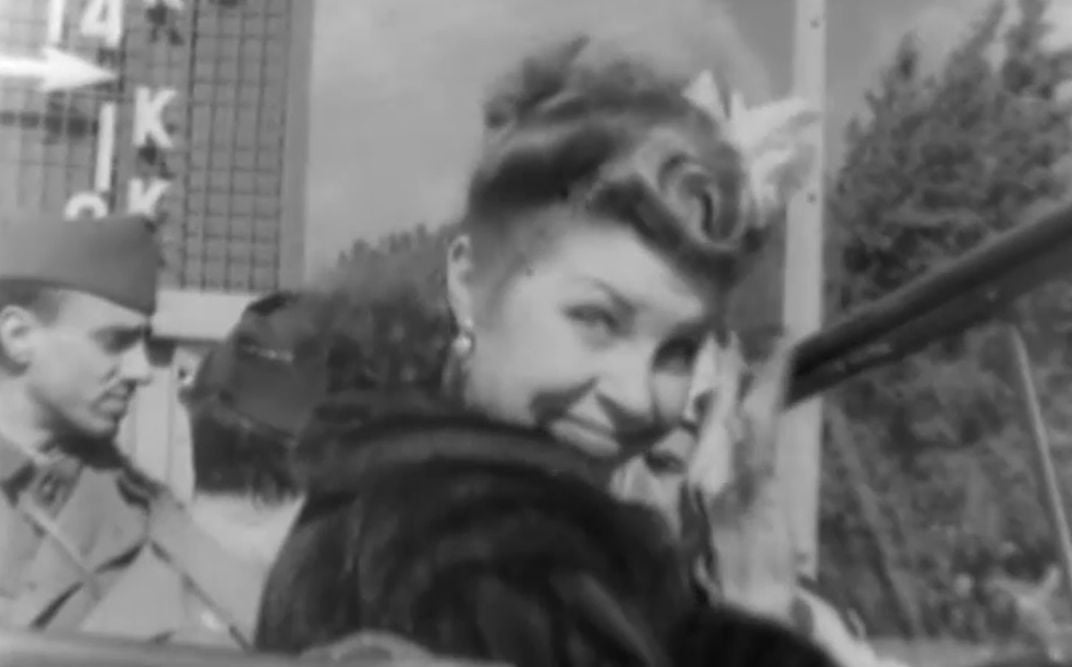 Martha Raye smiles for the camera in an archival film from World War II