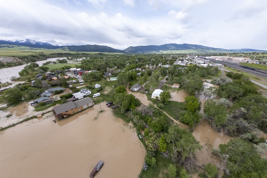 Aerial view of flooding in Livingston, Montana, on June 14, 2022