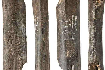 The bone measures roughly four inches long and has 17 markings.