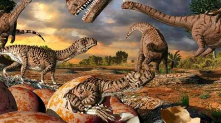 A parent Massospondylus attends to its hatchlings