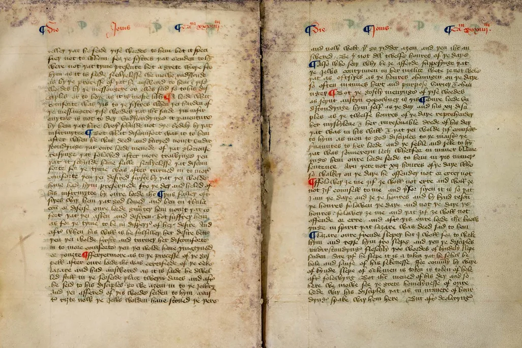 Pages from a manuscript of Nicholas Love's Mirror of the Blessed Life of Jesus Christ