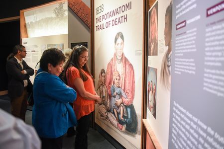 Elders Council Secretary Judy Augusta and Elders Council Member Catherine Ford tour the American Indian Museum's exhibition "Nation to Nation" on the day the Treaty of Fort Wayne is put on view.