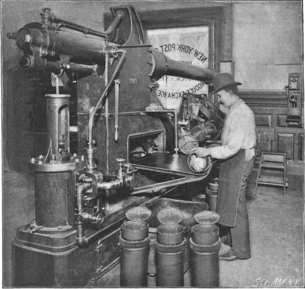 An 1897 photograph of a pneumatic tube mail receiver