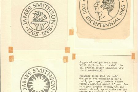 Crimilda Pontes created several designs for the James Smithson Bicentennial in 1965, including what would become the Institution's signature sunburst. (Smithsonian Archives, Acc. 89-024, Box 4., Smithsonian Institution Archives)