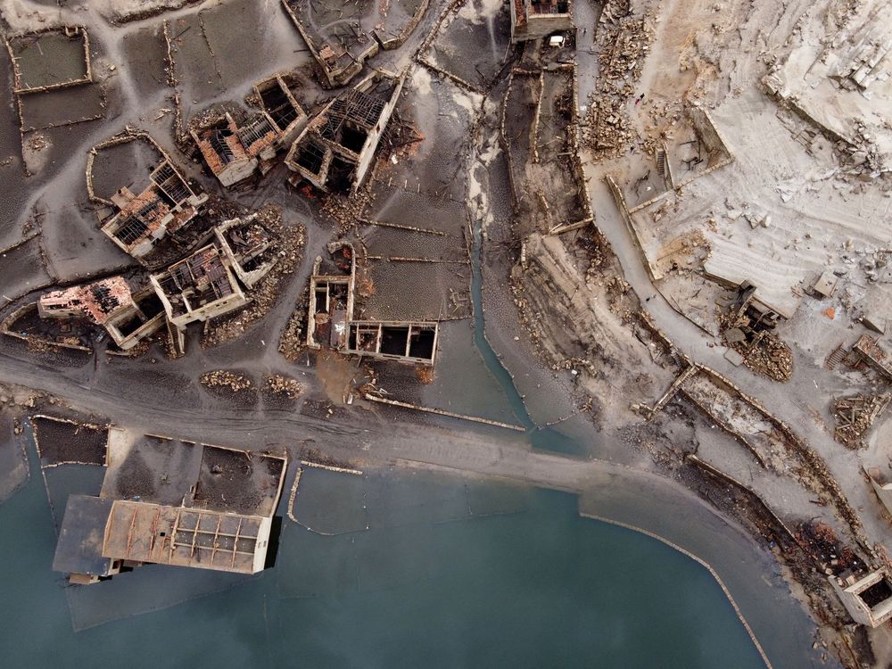 Aerial view of the usually submerged ruins of the village of Aceredo in northwestern Spain on February 15, 2022