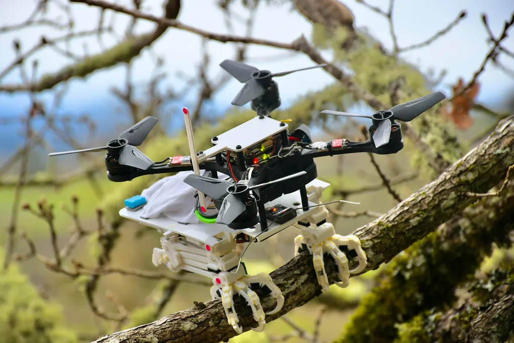 A 3-d printed robot with plastic grasping feet and four propeller blades grasps and tree branch
