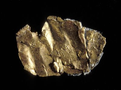 This small piece of yellow metal is believed to be the first piece of gold discovered in 1848 at Sutter's Mill in California, launching the gold rush.