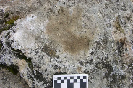 Caption: Six pairs of hand and footprints were discovered in 1998, including two that are small enough to have belonged to children. 
