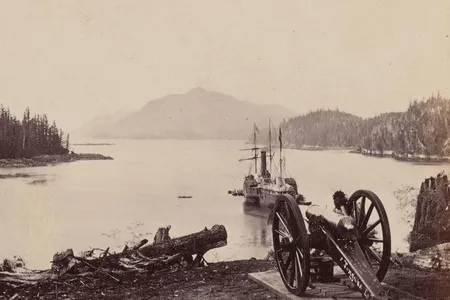 View of the S.S.&nbsp;Pacific&nbsp;anchored near Fort Tongass in Alaska in 1868