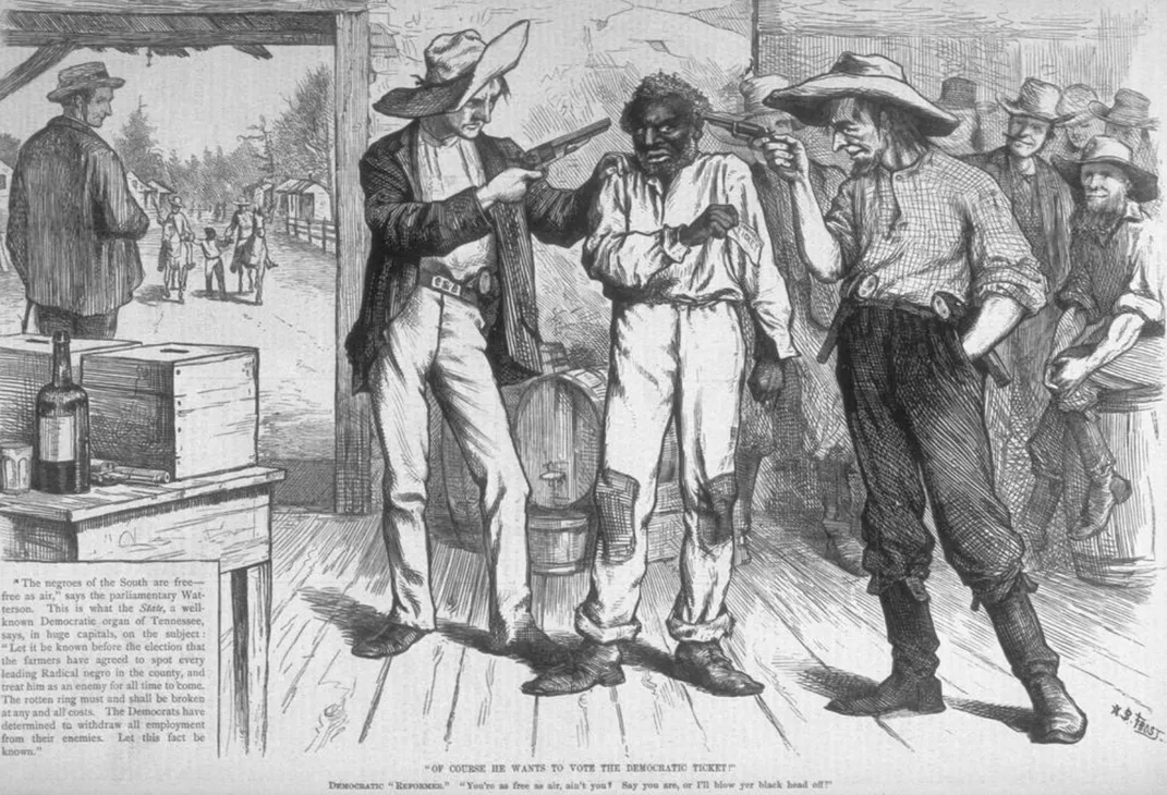 A political cartoon showing two white men with wide-brimmed hats pointing their guns at the head of a black man, who is being threatened as he attempts to vote in the presidential election