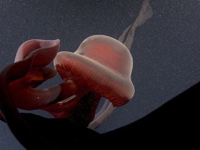 In the video, the giant jellyfish&#39;s large bell is seen pulsing and glowing a faint orange as it floats in the dark abyss.