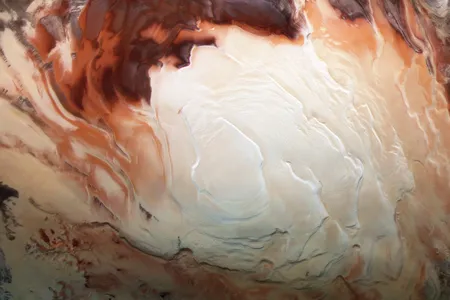 The newly found underground lake is near the ice-capped Martian south pole, which is pictured here by the Mars Express spacecraft that also carries the MARSIS radar instrument.