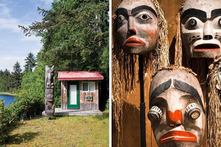 From left: A pole on the grounds of a waterfront home on Haida Gwaii; wooden masks carved by the Kwakwaka’wakw First Nation on display at the U’mista Cultural Centre in Alert Bay, off Vancouver Island.