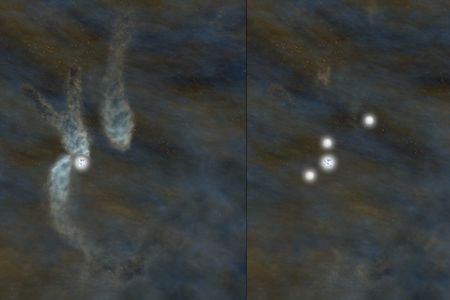 An artist’s interpretation of the star quartet — as a young star and three gas condensations on the left and as star siblings on the right.