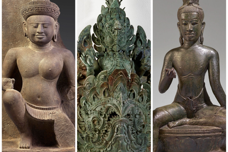 These Cambodian cultural heritage artifacts, once held in the collection of controversial collector Douglas Latchford, will soon be returned to their home country. From left to right: Ardhanarishvara, a half-male, half-female deity from the Angkor period, 10th century; a bronze boat prow from the late 12th century; and a bronze male deity from the 11th-century Angkor period