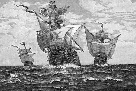 Christopher Columbus' flagship, the Santa Maria, and his companion ships Pinta and the Nina approaching land. Undated Woodcut.