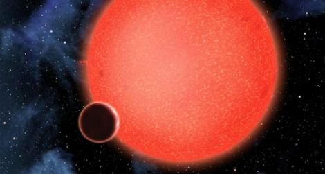 An artist's rendering of GJ1214b, orbiting a red dwarf star