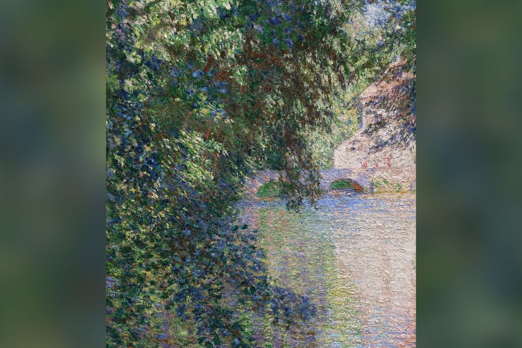 Impressionist painting of water's edge and green tree